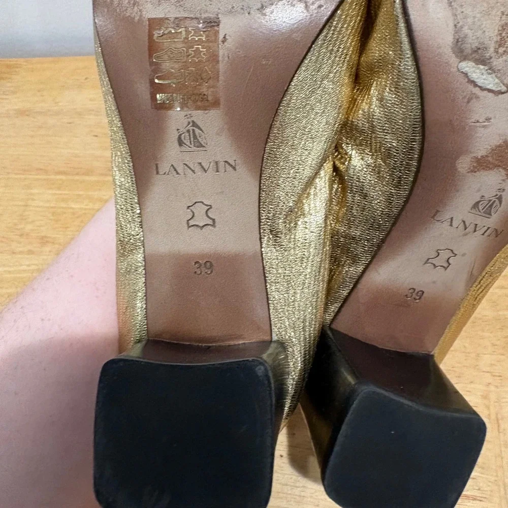 Lanvin Metallic Gold Block Heel Pumps Womens Size 39 Laminated Sheepskin Leather